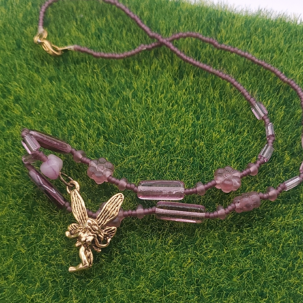Elegant Purple Beaded Necklace with Gold Tone Fairy Charm N3823 20 Inch